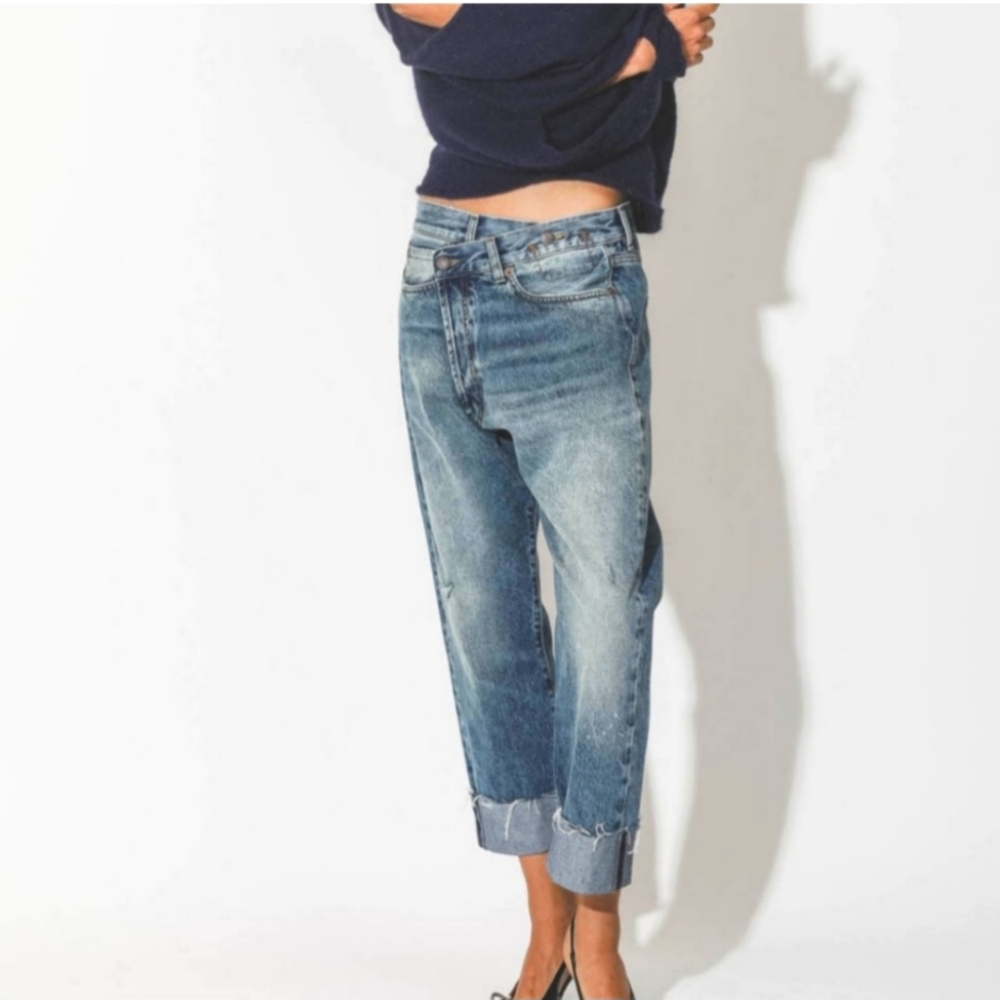 R13 Straight Leg Crossover Jeans, Medium Wash with High-Rise and Raw-Edge